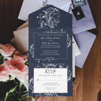 Casamento Azul marinho Flourish Tudo Em Um Convite