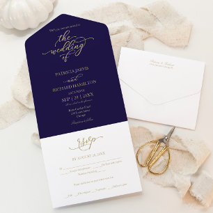 Casamento Azul Naval Caligrafia Ouro Elegante