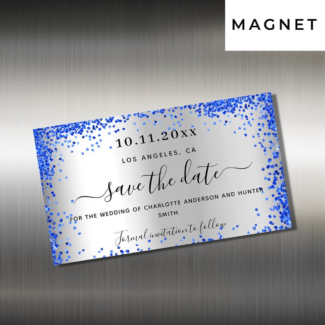 Casamento azul real de prata salve o ímã de data (Criador carregado)
