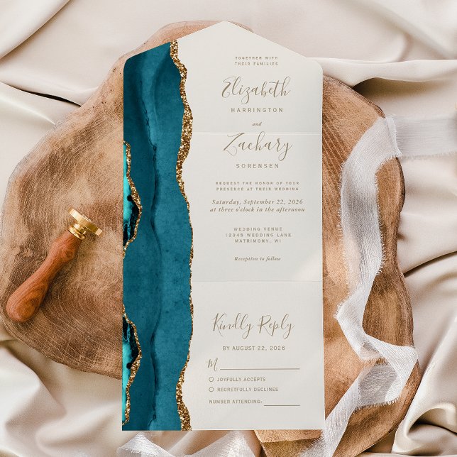Casamento Azul Teal Dourado Ágata Marfim Moderno (Criador carregado)