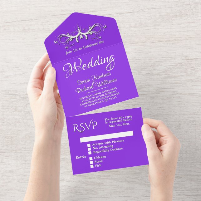 Casamento Azul Violeta e Branco Tripla w Rsvp (Aba destacável)