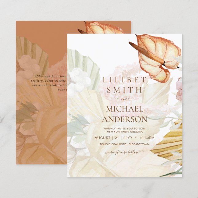 Casamento Boho com Grama das Pampas Tropical (Frente/Verso)