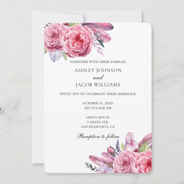 Casamento boho. Convite floral rosa. Penas (Frente)