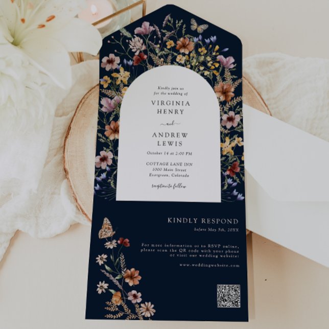 Casamento Boho Marinho (Navy Blue Boho Wedding All In One Invitation by Painted Paperie
)