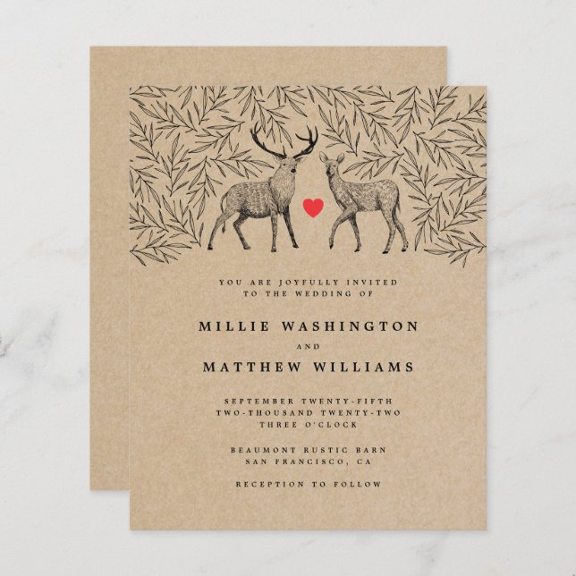 Casamento Botânico Buck Doe Kraft Woodland (Frente/Verso)