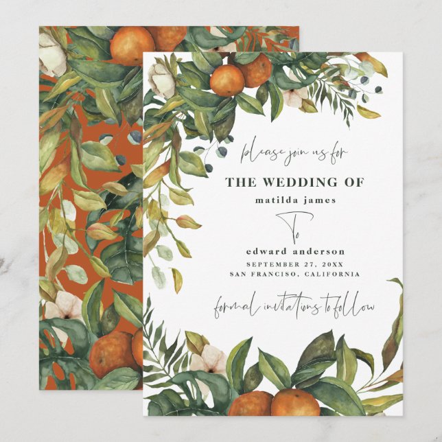 Casamento botânico cor de laranja cítrica (Frente/Verso)