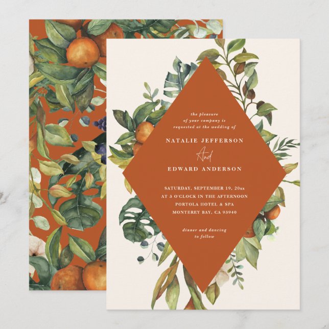 Casamento botânico cor de laranja cítrica (Frente/Verso)