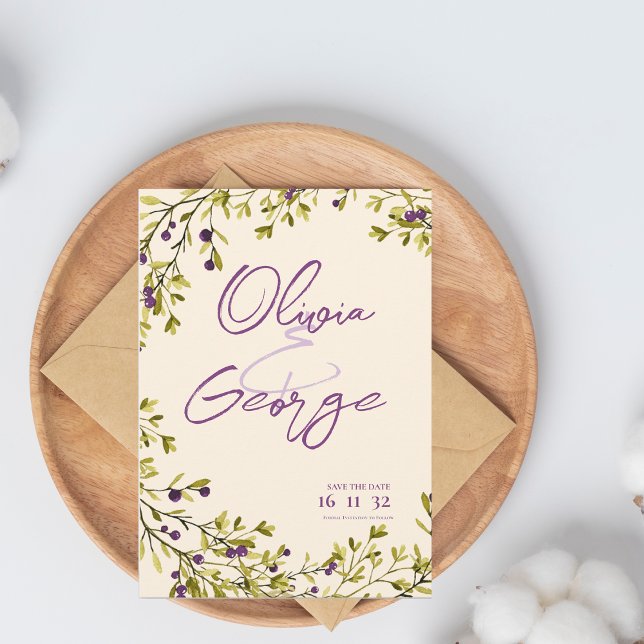 Casamento Botânico de Berry Roxo Salvar a Data (Purple Berry Botanical Wedding Save the Date)