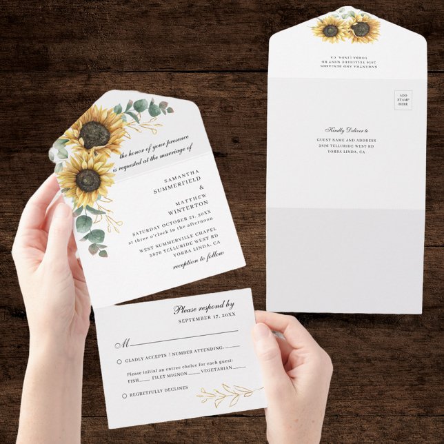 Casamento Botânico de Eucalyptus Floral (Sunflower Eucalyptus Greenery All in One Wedding Invitation)