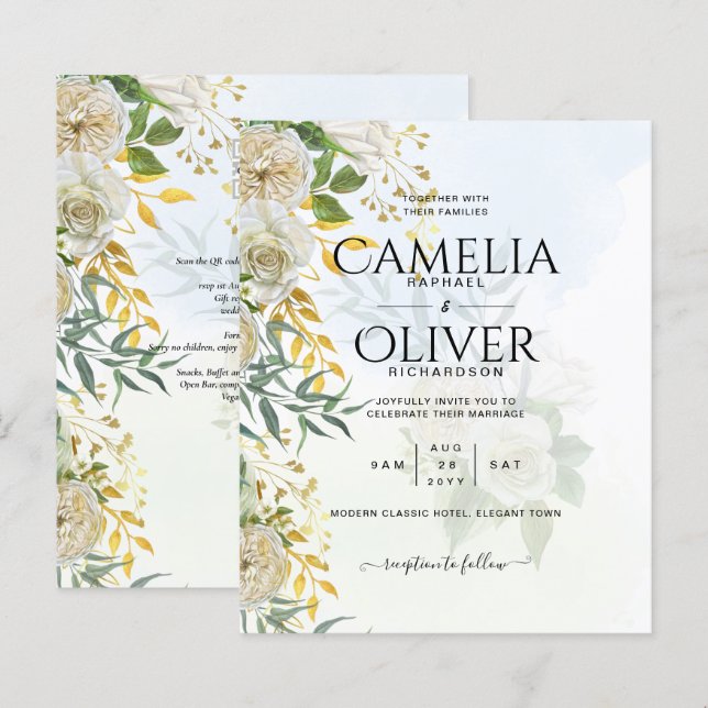 Casamento Botânico de Rosas Brancas Elegantes All- (Frente/Verso)