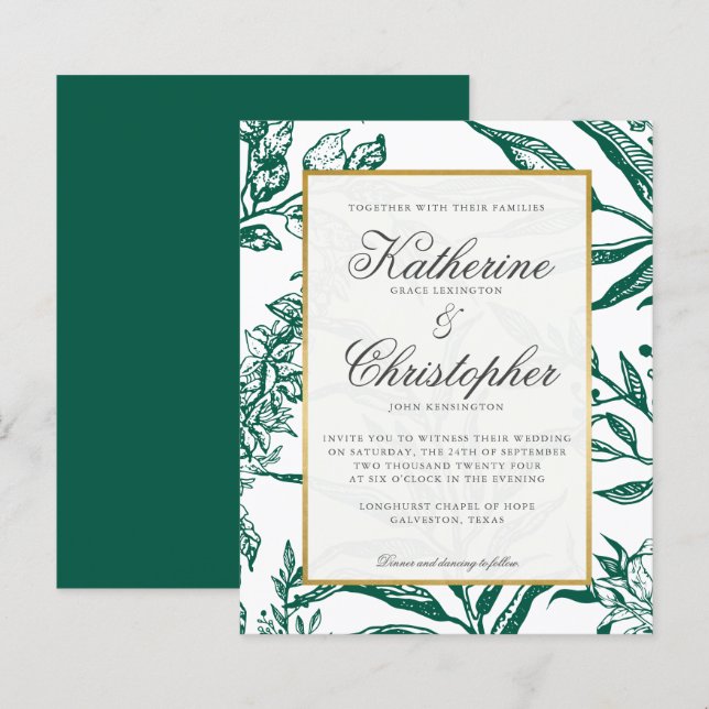 Casamento Botânico Dourado Verde Elegante (Frente/Verso)