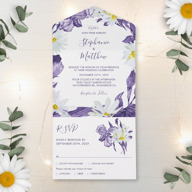 Casamento Botânico Dusty Purple Iris White Daisy (Criador carregado)