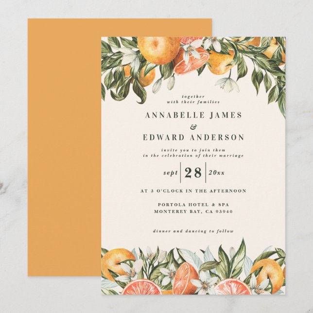 Casamento botânico e moderno cor de laranja cítric (Frente/Verso)