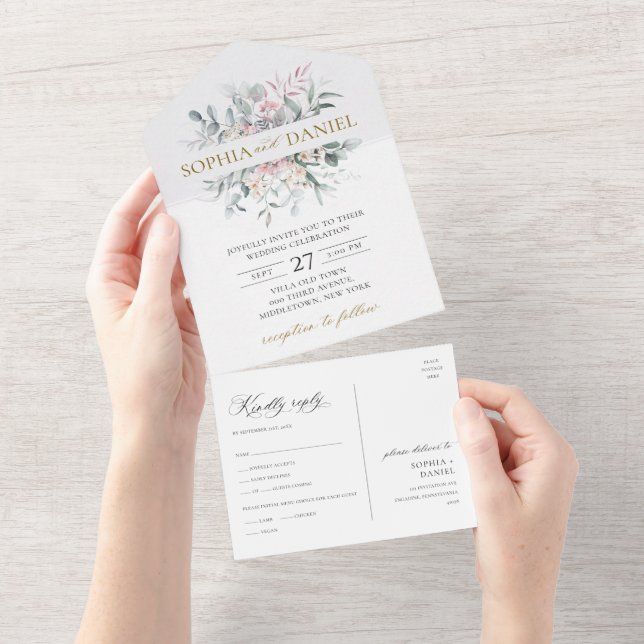 Casamento Botânico Eucalyptus Floral-Blush Cor-de- (Aba destacável)