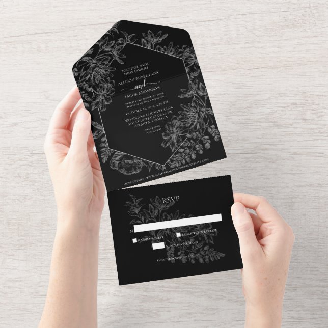 Casamento Botânico Floral Branco Chic Black (Aba destacável)