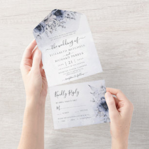 Casamento Botânico Floral em Aquarela Azul Empoeir