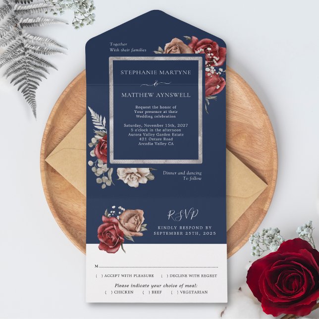 Casamento Botânico marinho Azul Borgonha Rosa Bloo (Criador carregado)