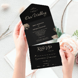 Casamento Botânico Mínimo Preto e Dourado Elegante