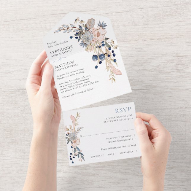 Casamento Botânico Moderno Cor-de-Rosa Azul Dusty (Aba destacável)