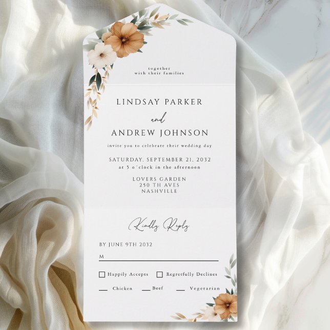 Casamento Botânico Terroso e Cobre Elegante   (Elegant Copper & Earthy Botanical Wedding All In One Invitation)