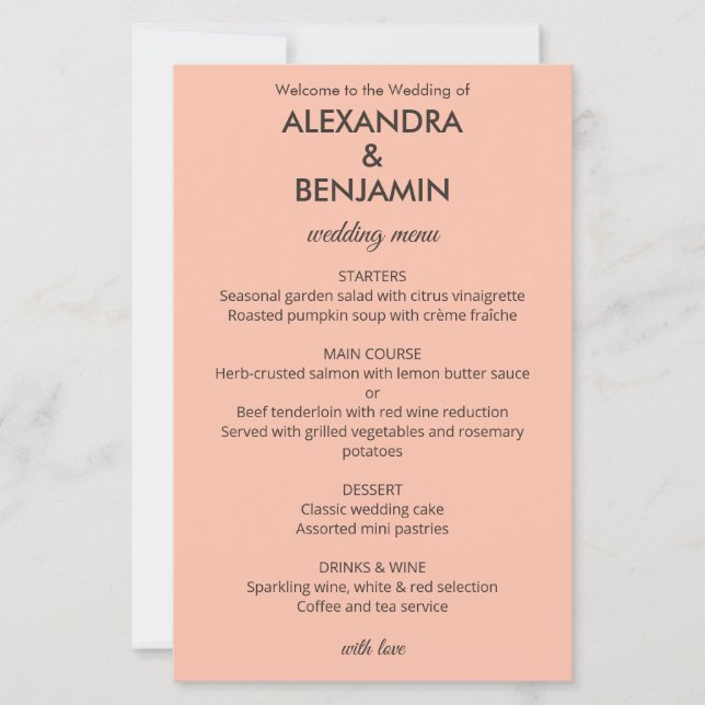 Casamento Botânico Vintage | Menu Elegante Pêssego (Frente)