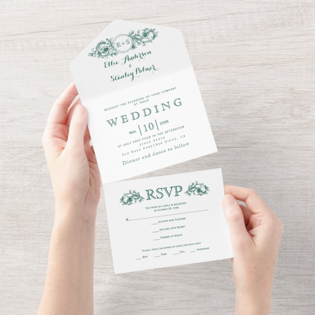 Casamento branco com quadro floral verde-vitage (Aba destacável)