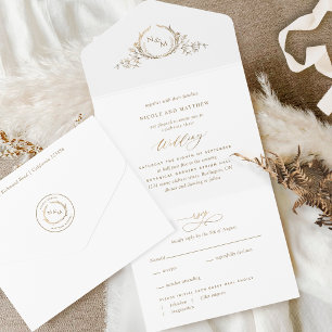 Casamento branco e monograma Dourado com RSVP