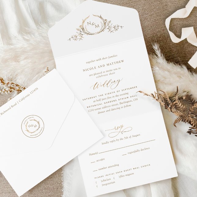 Casamento branco e monograma Dourado com RSVP (Criador carregado)