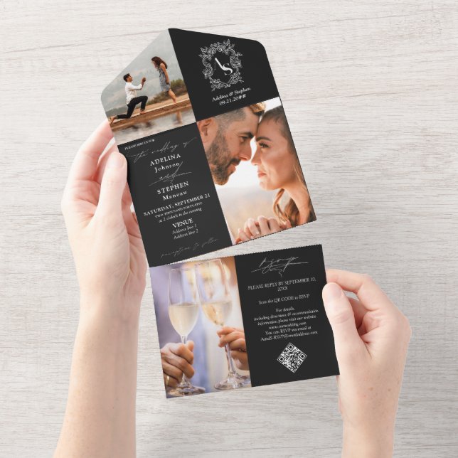 Casamento Branco Preto com Código QR do Monograma  (Aba destacável)