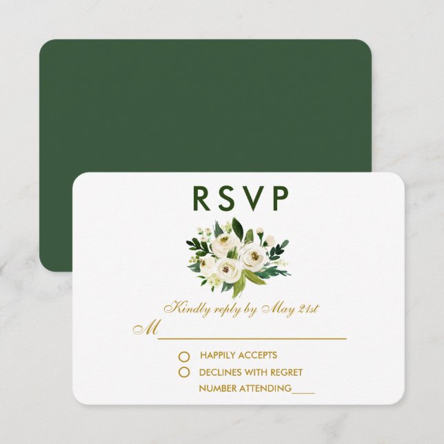 Casamento Branco Verde Floral de Watercolor RSVP G (Frente/Verso)
