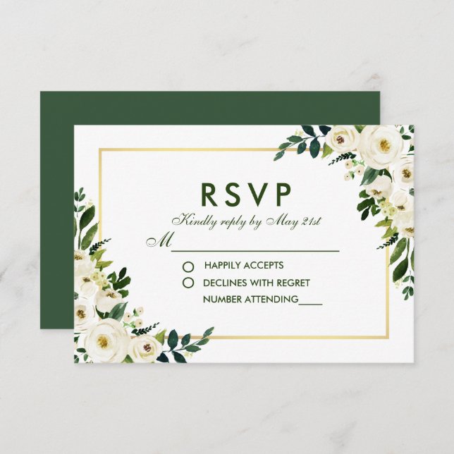 Casamento Branco Verde Floral de Watercolor RSVP G (Frente/Verso)