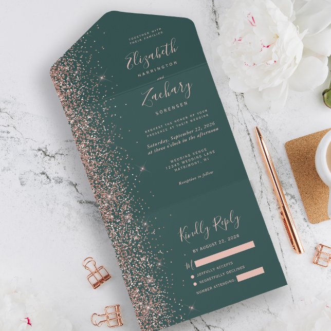 Casamento Brilho Dourado Rosa Verde Escuro Moderno (Criador carregado)