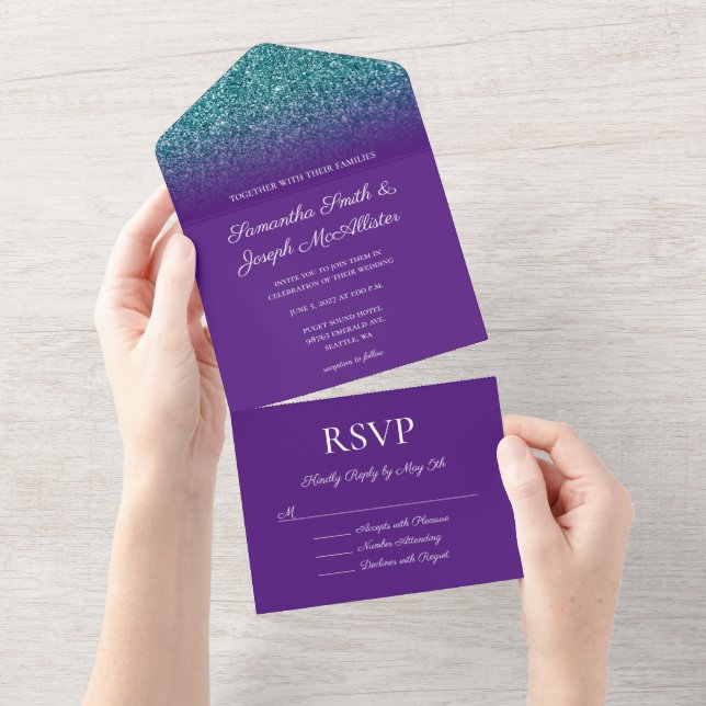 Casamento Brilho Ombre Roxo Real e Azul Turquesa (Aba destacável)