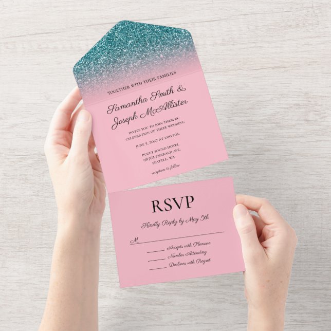 Casamento Brilho Ombre Verde e Rosa (Aba destacável)