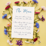 Casamento Casual Azul com Script de Manuscrito Mod<br><div class="desc">Este cardápio casual e moderno de casamento com uma fonte que imita a escrita manual é perfeito para um casamento de verão, casamento casual ou qualquer outra celebração em que você gostaria de usar cartões de menu personalizados. Este modelo de menu apresenta um fundo azul - todas as cores deste...</div>