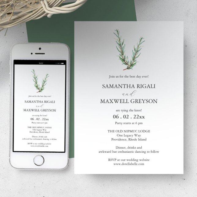 Casamento Casual Convites Cor de Água Rosemary (Casual wedding invitations features watercolor rosemary art by Victoria Grigaliunas Do Tell A Belle)