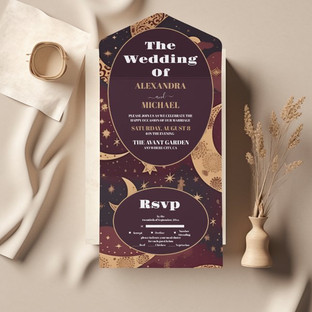 Casamento Celestial Dourado Elegante Burgundy (Criador carregado)