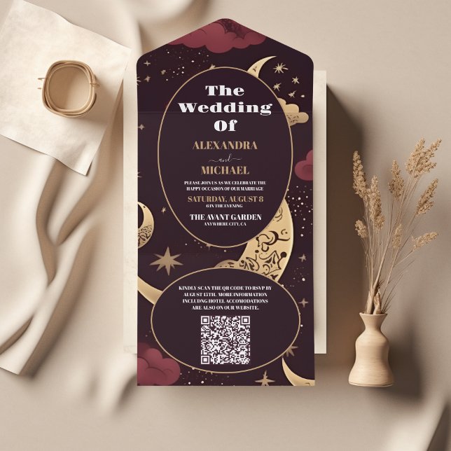 Casamento Celestial Dourado Elegante Burgundy (Criador carregado)