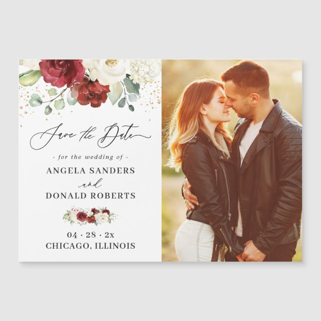 Casamento Chic Floral Branco Vermelho Salva o ímã  (Frente)