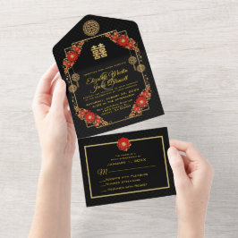 Casamento chinês Dourado com Flores Vermelhas
