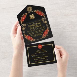 Casamento chinês Dourado com Flores Vermelhas