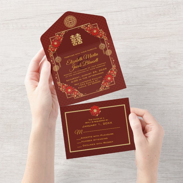 Casamento chinês Dourado com Flores Vermelhas (Tearaway)