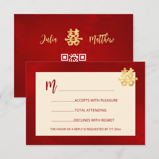Casamento Chinês Moderno RSVP Vermelho (Frente/Verso)
