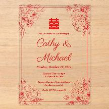 Casamento chinês vermelho bege moldura floral orie