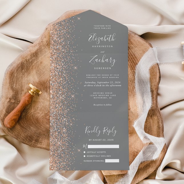 Casamento Cinza Brilho Moderno Pêssego (Criador carregado)