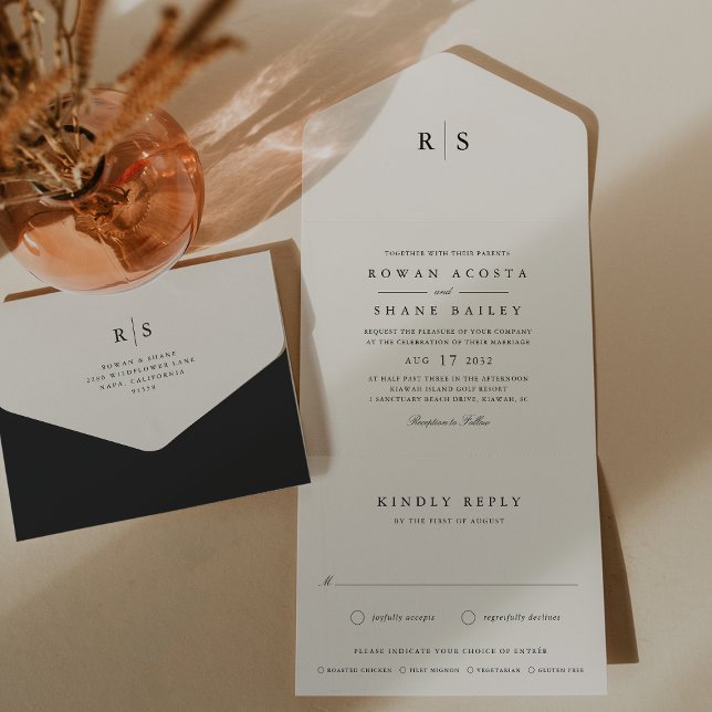 Casamento clássico de preto e cru monograma (Criador carregado)