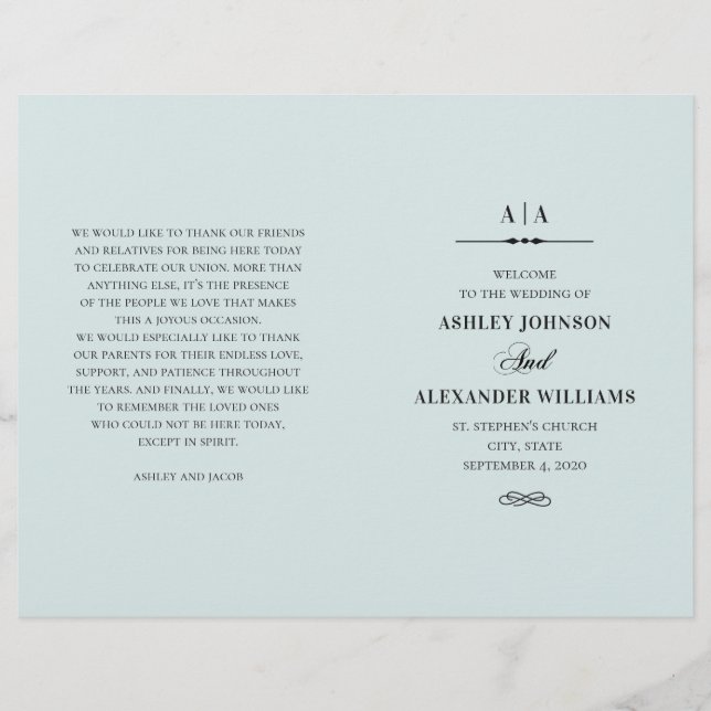 Casamento clássico elegante. Programa azul dobrado (Frente)