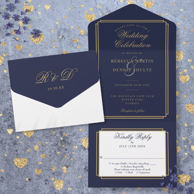 Casamento Clássico em Azul Marinho e Dourado com M (Navy Blue And Gold Classic Deco Monogram Wedding All In One Invitation)