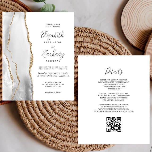 Casamento Código QR Ágata Dourada Branco Cinza Orç (Criador carregado)