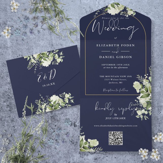 Casamento Código QR Arco Dourado Azul Marinho Vege (Navy Blue Greenery Gold Arch QR Code Wedding All In One Invitation)